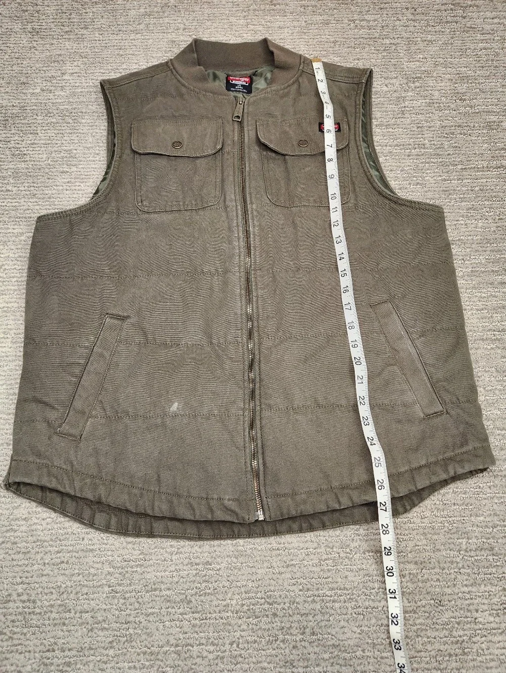 Wrangler Workwear Quilted Canvas Vest Mens Large Olive Green Full Zip Barn Chore